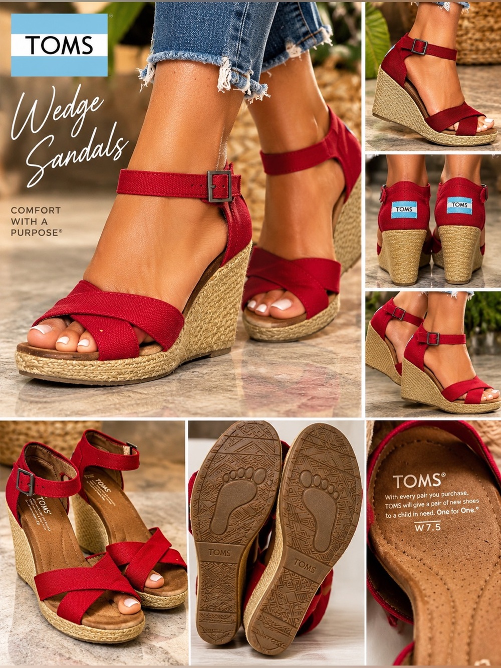 TOMS Red Canvas Espadrille Wedge Sandals size 7.5